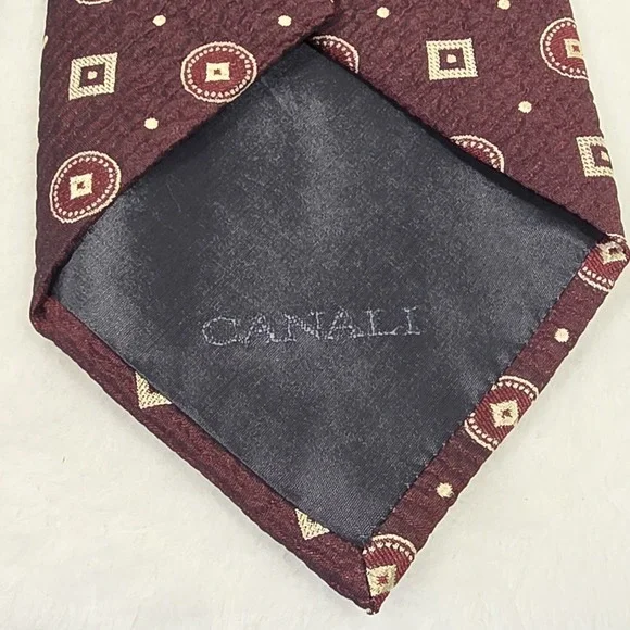 Canali Tie 100% Silk Maroon Geometric Print 4in Mens Handmade In Italy - Picture 3 of 7